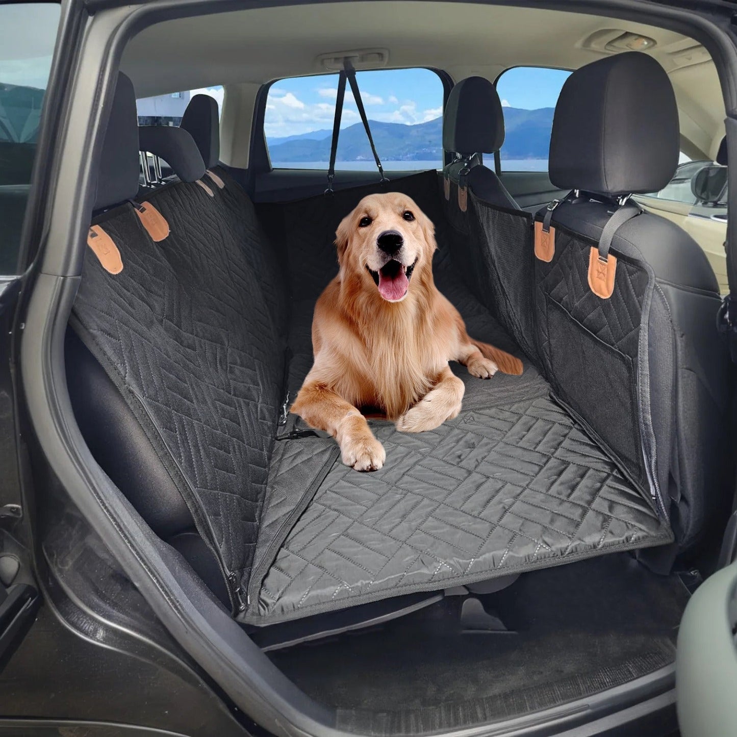 Dog sitting on a car seat cover in a vehicle with a scenic background