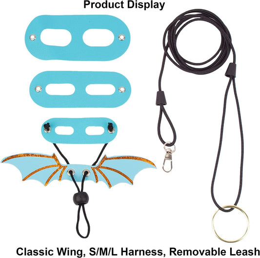 Dog harness with classic wing design, adjustable sizes, and a removable leash on a white background.