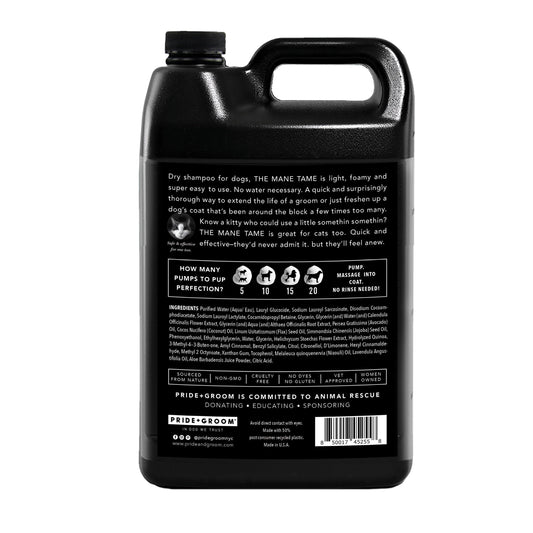 Black bottle of dry shampoo for dogs with text on a white background