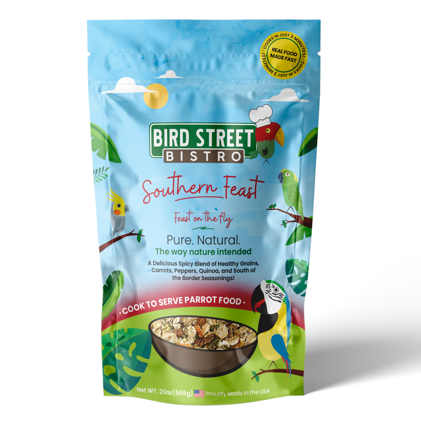 Bird Street Bistro Southern Feast parrot food package on a white background