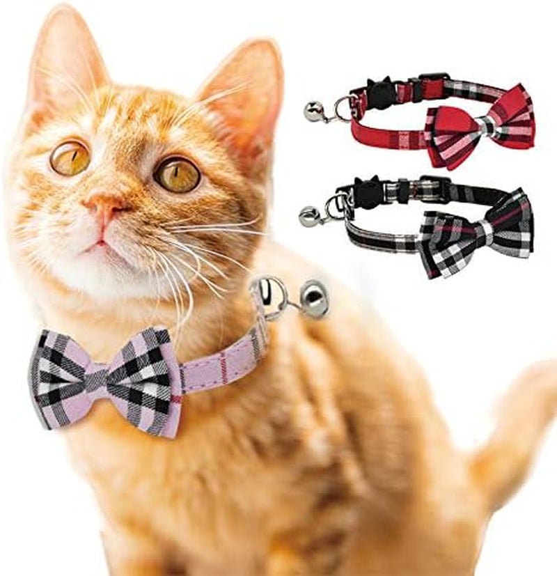 Cat wearing a plaid bow tie collar with additional collars displayed above.