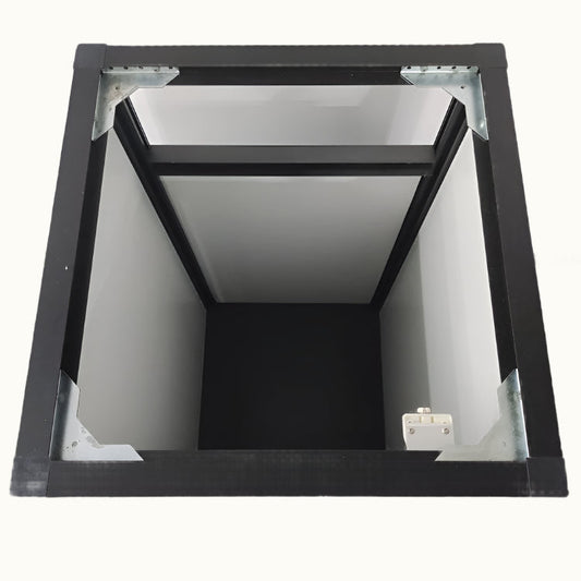 Ceiling access panel with a white interior on a white background