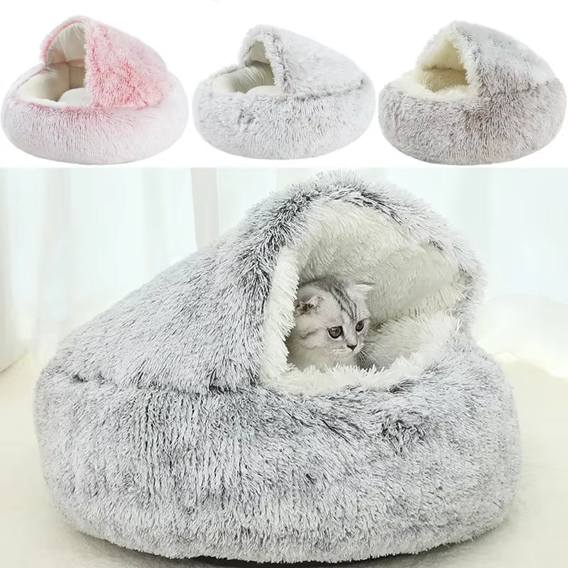 Fluffy, plush, cozy, comfortable pet bed with a cat inside, shown in gray, pink, and white.