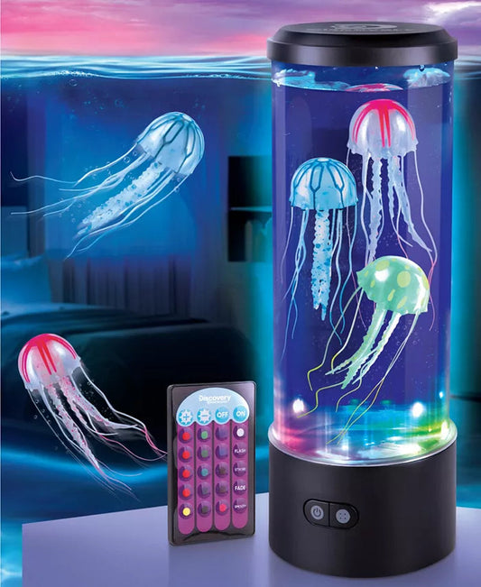 Jellyfish-shaped lamp with remote control on a blue background