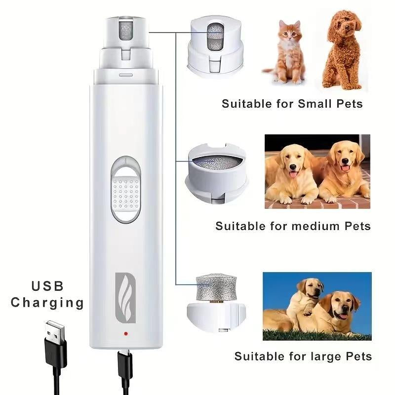 Pet grooming tool with size suitability for small, medium, and large pets, USB charging cable included.