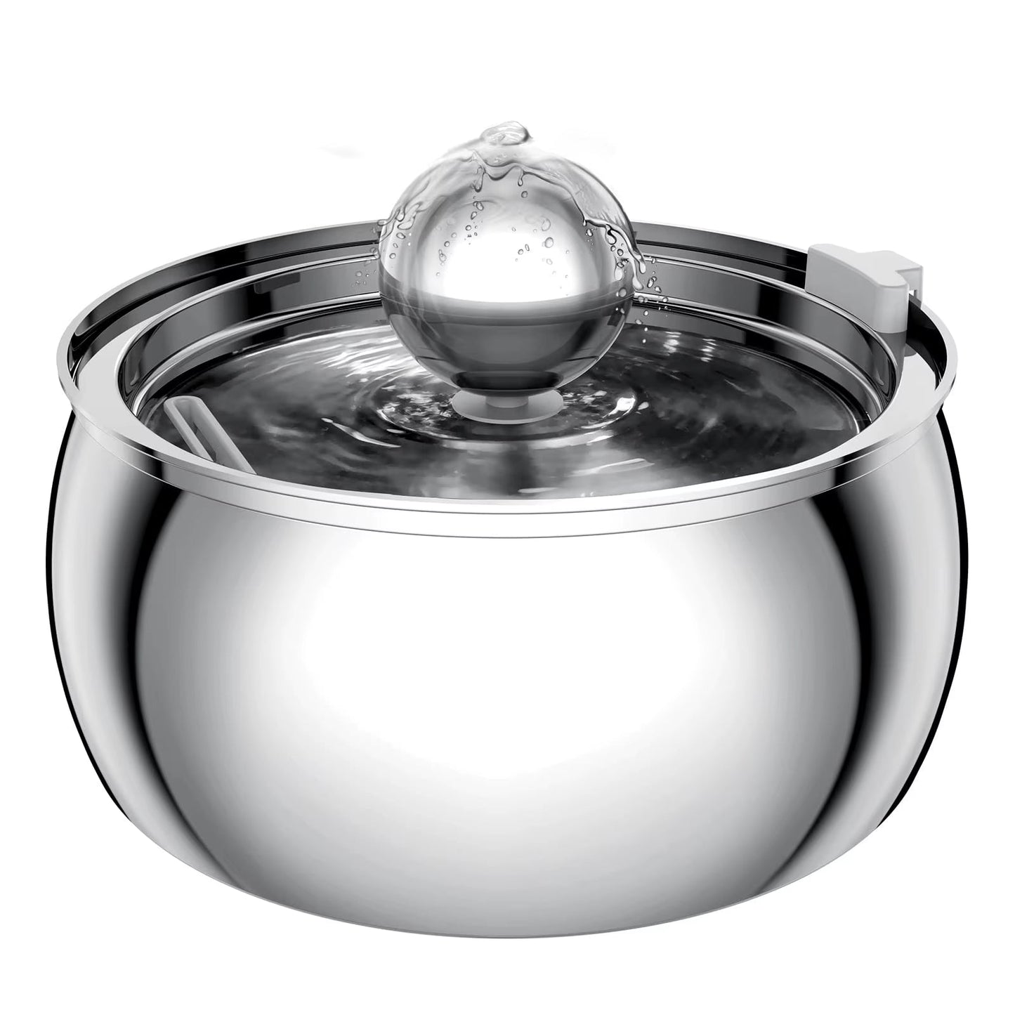 Stainless steel pet water fountain on a white background.
