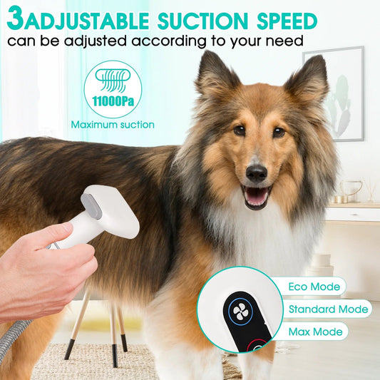 Dog being groomed with a grooming tool, featuring adjustable suction speed text and images.