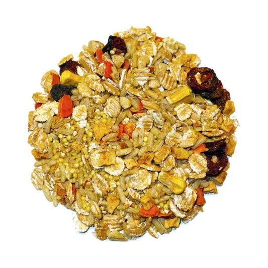 Muesli mix with oats, dried fruits, and nuts on a white background