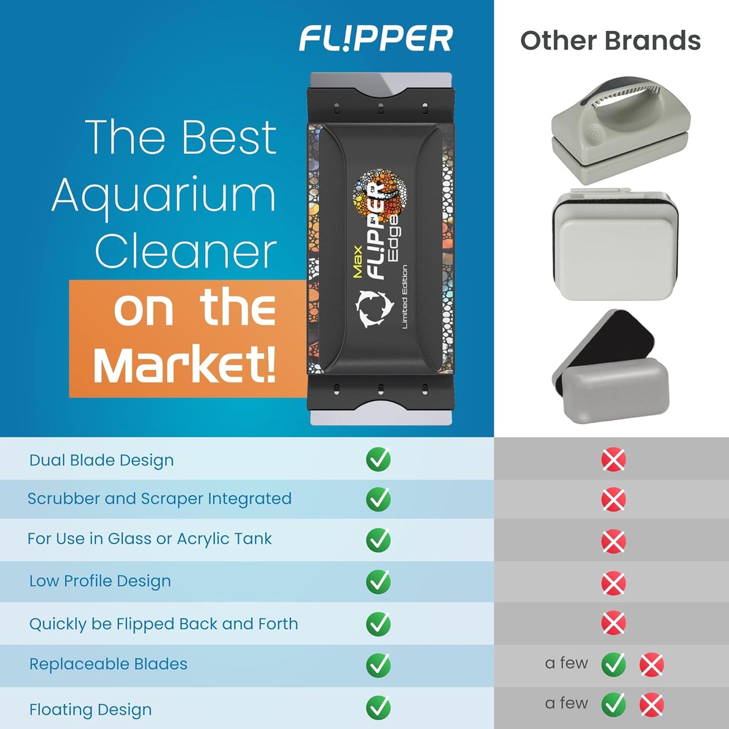 Advertisement for Flipper aquarium cleaner with features listed and comparison to other brands.