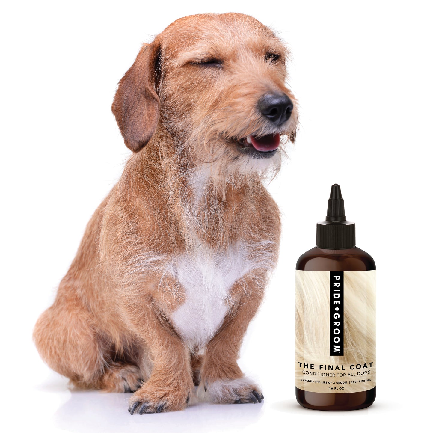 Dog sitting next to a bottle of Pride & Groom pet product on a white background