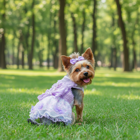 Dog in a purple dress standing on grass with trees in the background