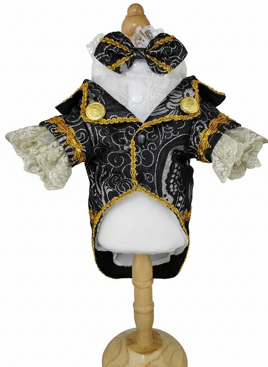 Dog outfit resembling a formal black suit with gold accents on a mannequin.