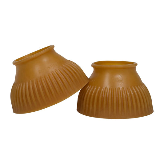 Two brown rubber boot covers on a white background