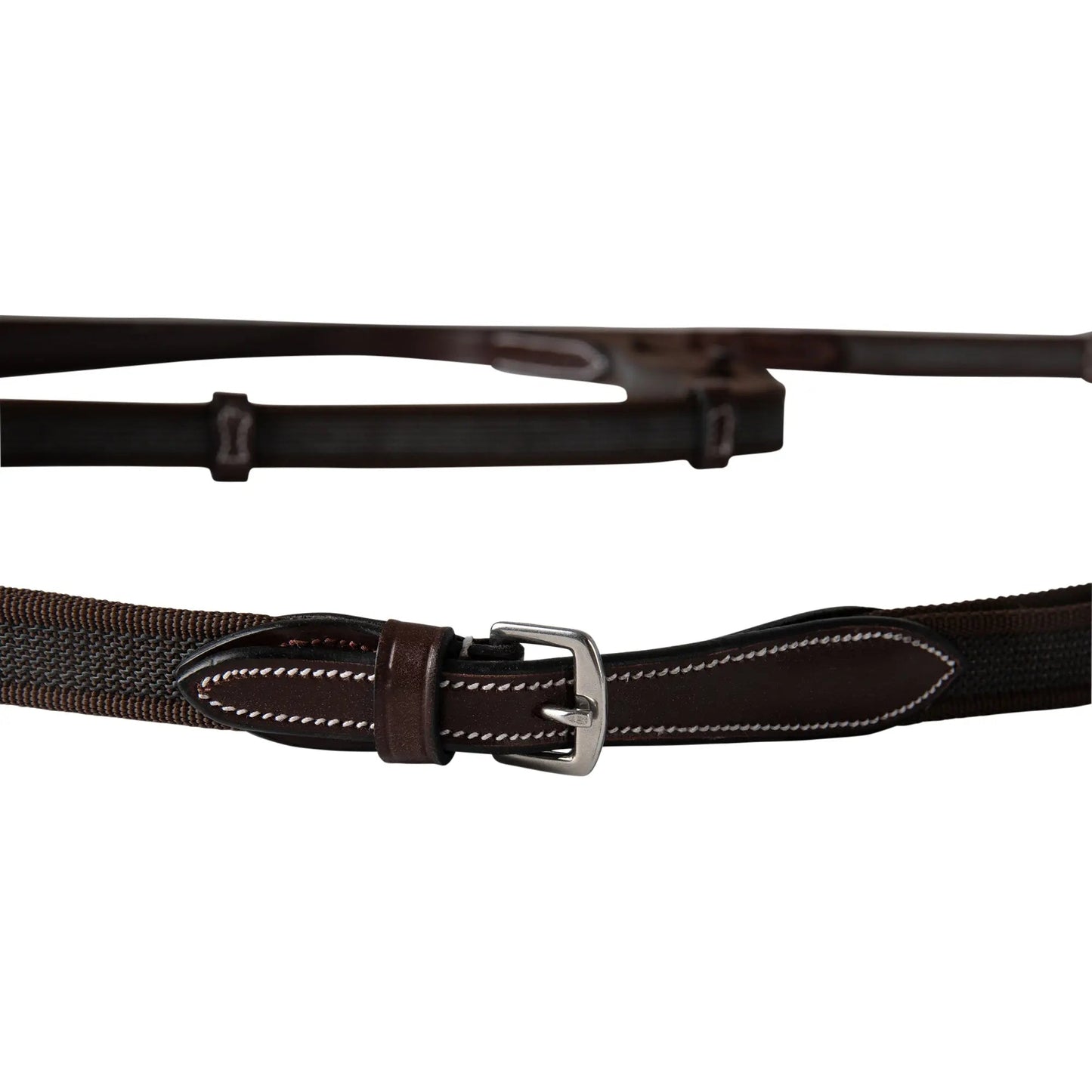 Brown leather belt with silver buckle on a white background