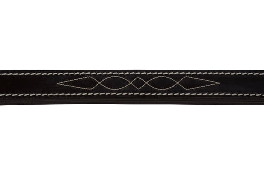 Black leather strap with white stitching on a white background