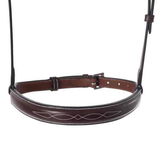 Brown leather bridle with intricate stitching on a white background