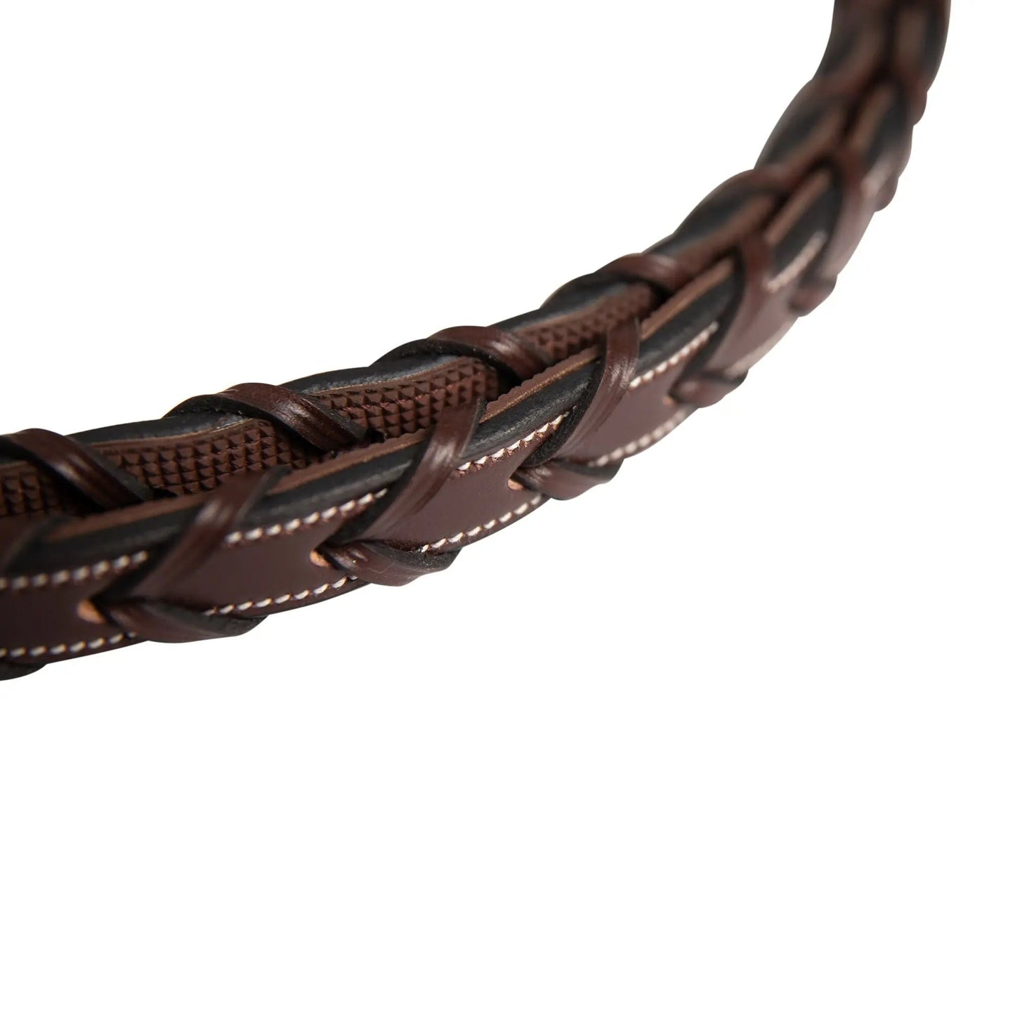 Close-up of a braided brown leather strap on a white background