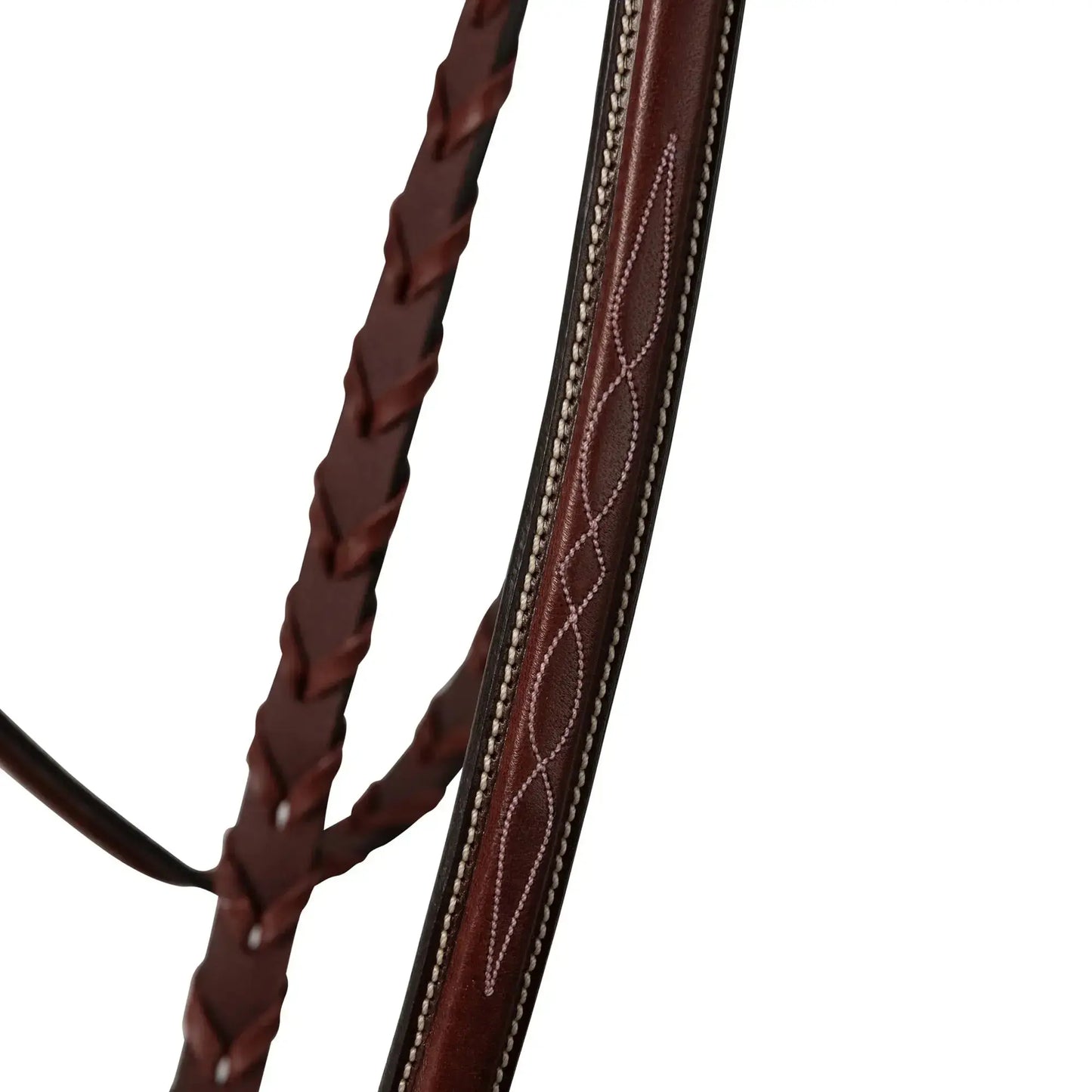 Close-up of a brown leather bridle with braided design on a white background