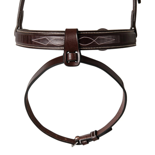 Brown leather horse bridle with intricate stitching on a white background
