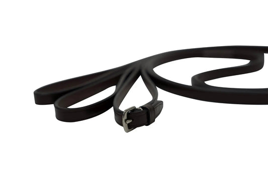 Black dog leash with a metal buckle on a white background