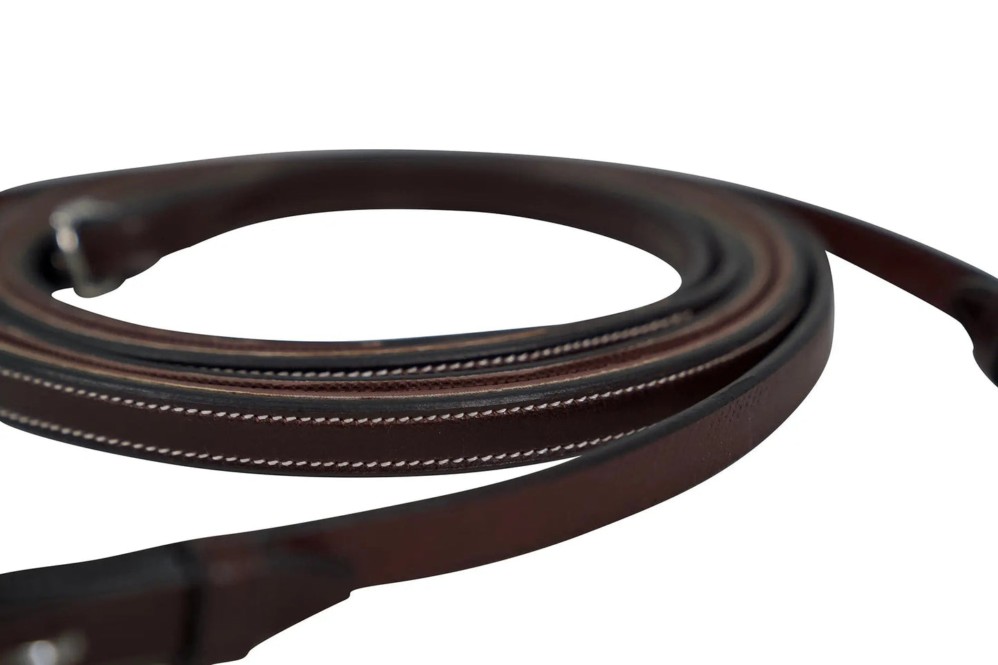Brown leather rein with white stitching on a white background