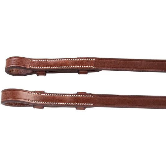 Brown leather strap with stitching on a white background