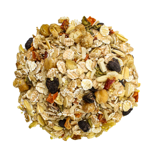 Muesli mix with oats, nuts, and dried fruits on a white background
