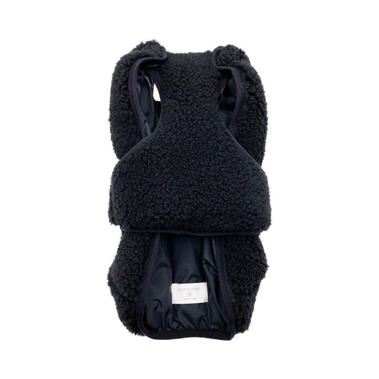 Black fleece baby carrier on a white background
