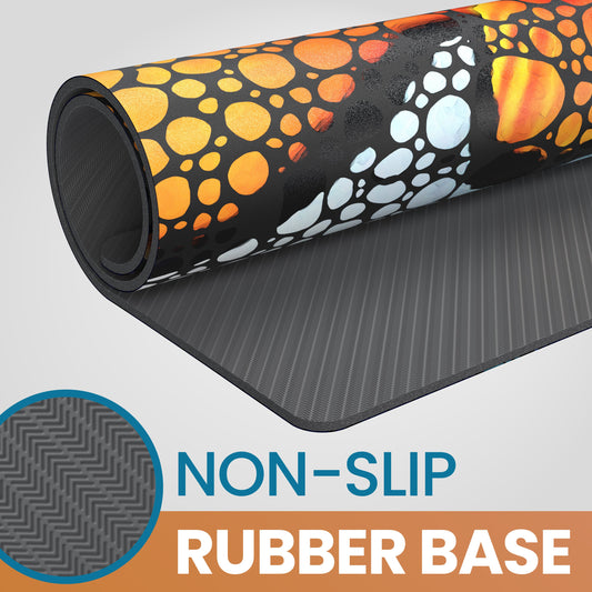 Roll of decorative mat with colorful pattern and non-slip rubber base text.