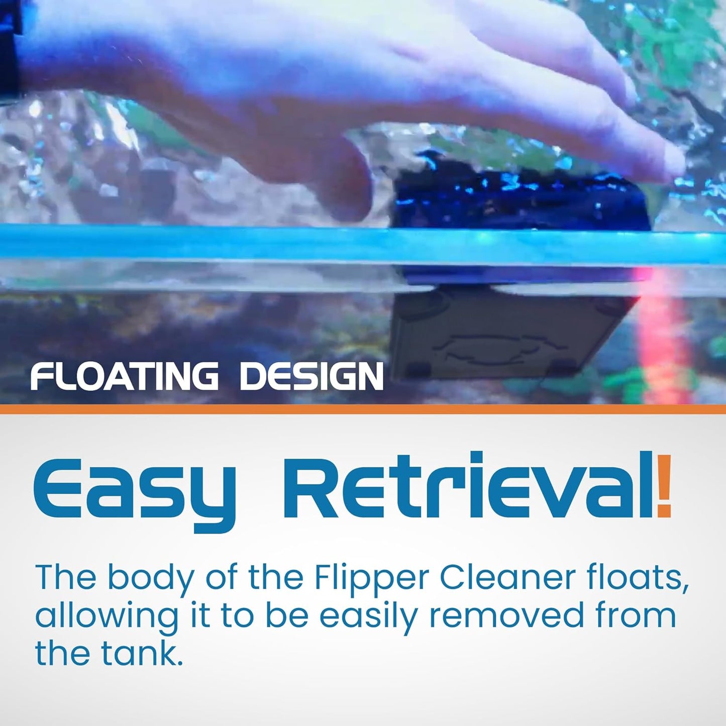 Advertisement for a flipper cleaner with text about its floating design and easy retrieval feature.