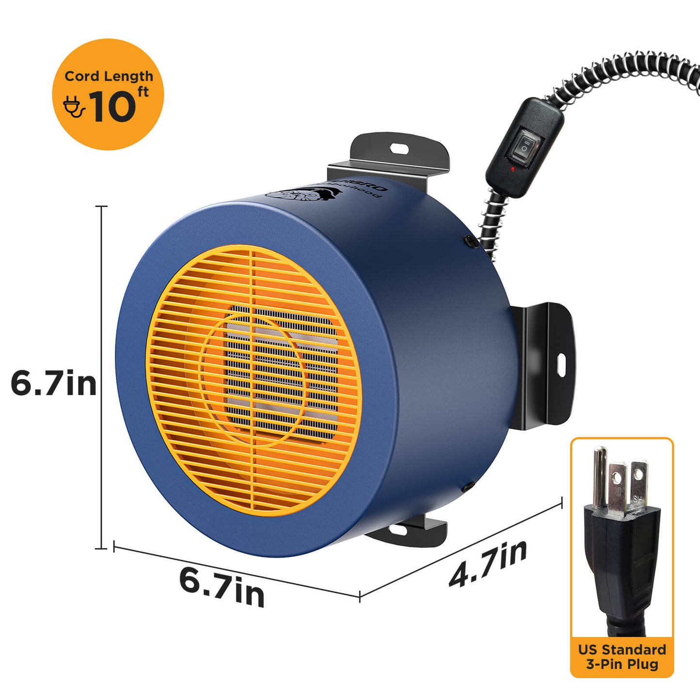 Blue and yellow industrial fan with dimensions and plug details on a white background