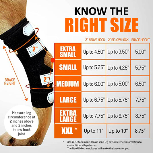 Knee brace size chart with measurements for different sizes on a white background.