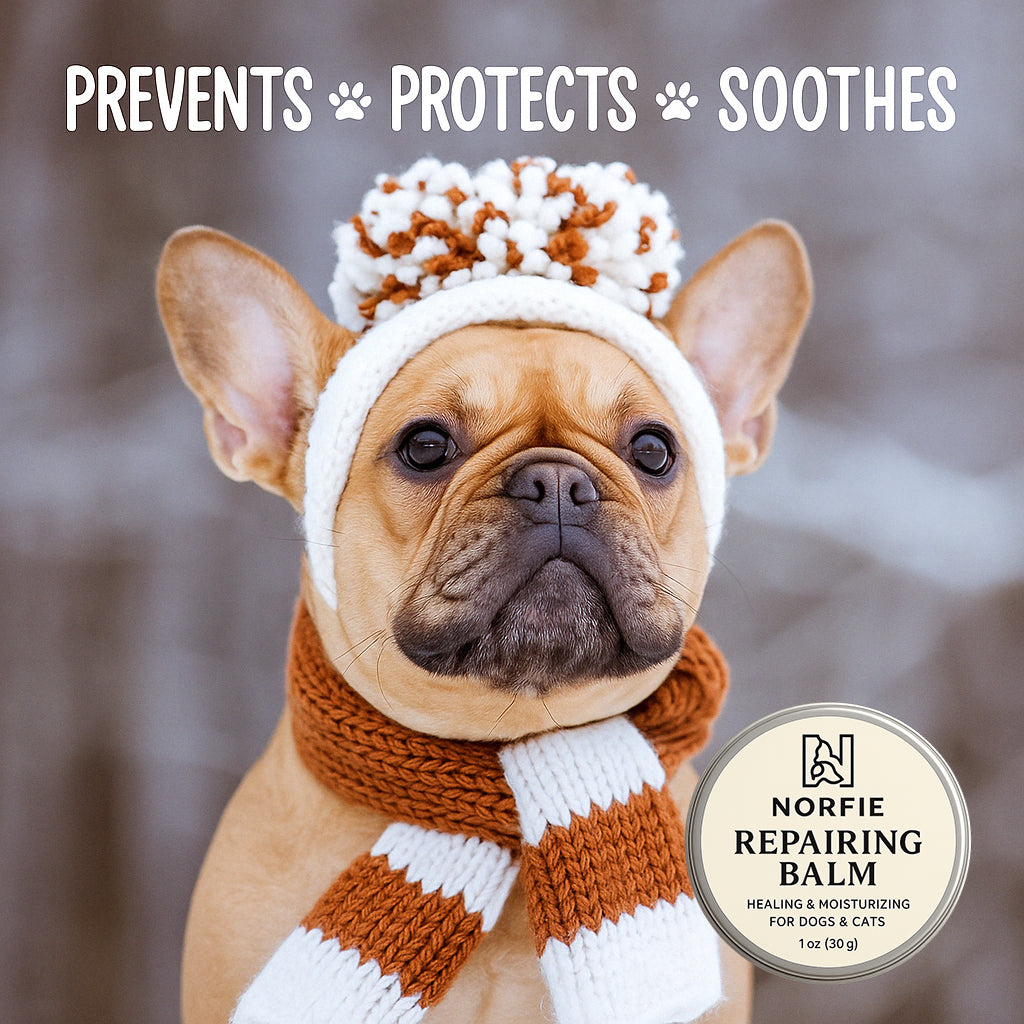 Dog wearing a knitted hat and scarf with Norfie Repairing Balm branding.
