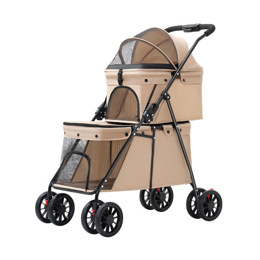 Beige pet stroller with black wheels on a white background