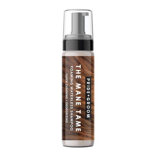 Shampoo bottle labeled 'The Mane Tame' by Pride & Groom on a white background