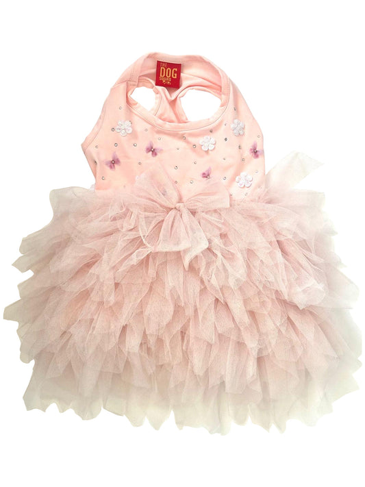 Pink pet dress with ruffles and a bow on a white background