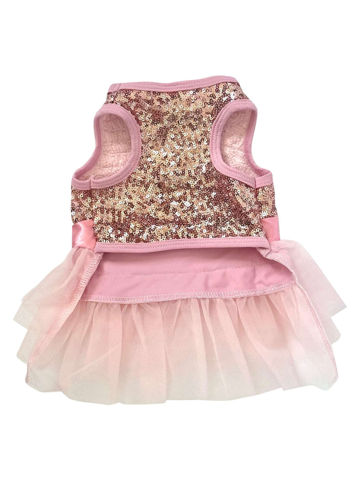 Dog dress with sequin top and pink skirt on a white background