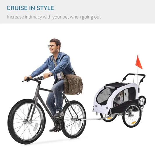 Man riding a bicycle with a dog trailer attached, promoting increased intimacy with pets.