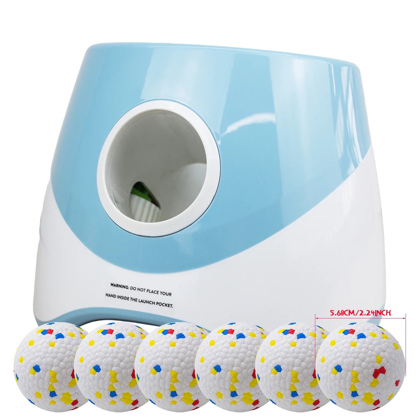 Blue and white device with golf balls featuring colorful dots on a white background