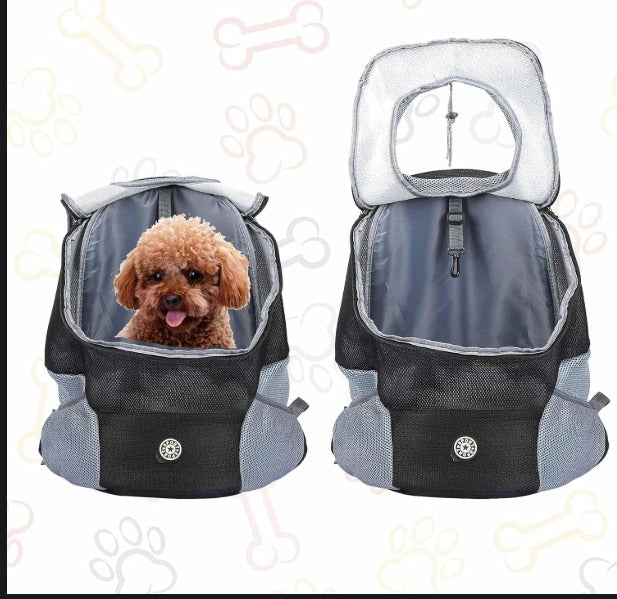 Pet carrier backpack with a dog inside on a white background
