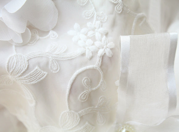 Close-up of white fabric with intricate lace detailing
