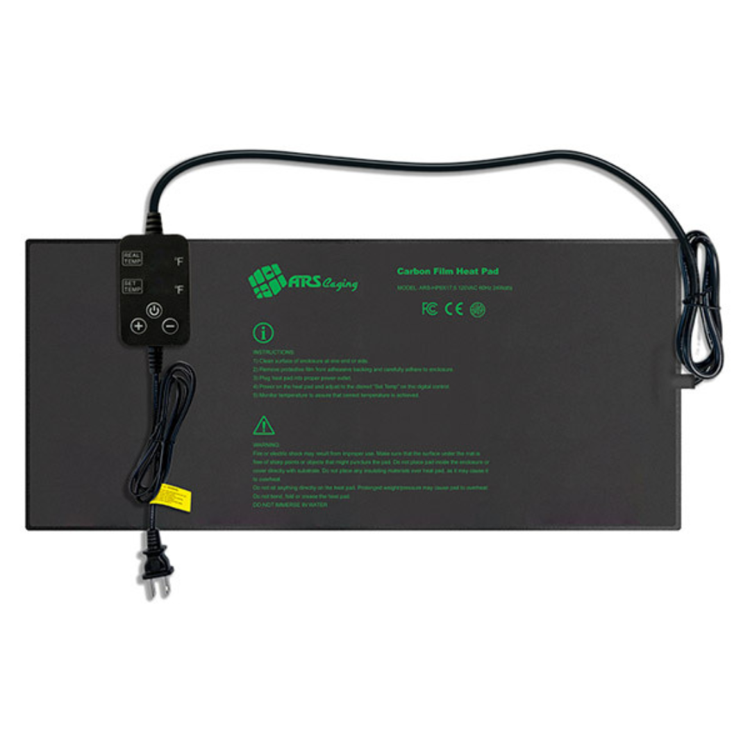 Carbon film heat pad with control panel and power cord on a white background