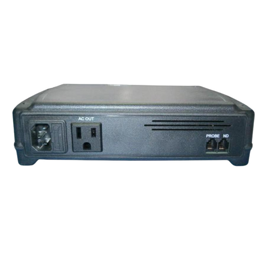 Black electronic device with multiple ports on a white background