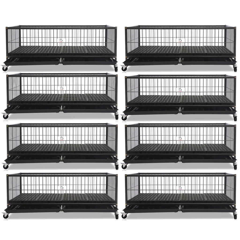 Set of eight black metal pet crates on a white background