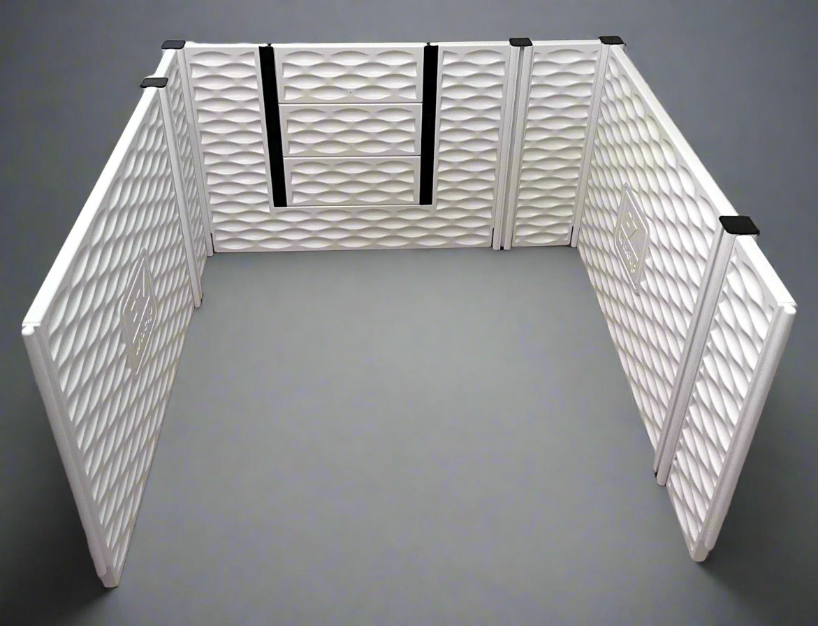 White pet playpen with black straps on a gray background