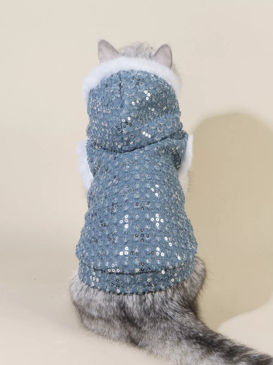Cat wearing a blue sequined outfit with white fur trim on a beige background