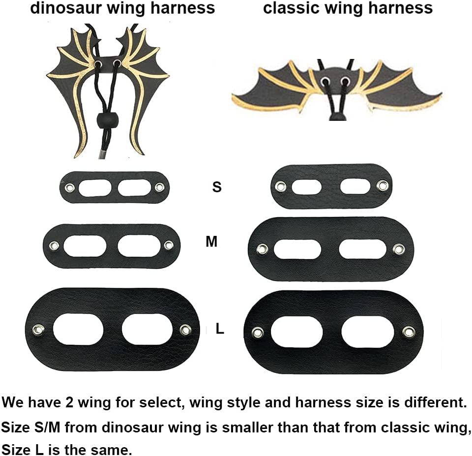 Comparison of dinosaur wing harness and classic wing harness with size options.