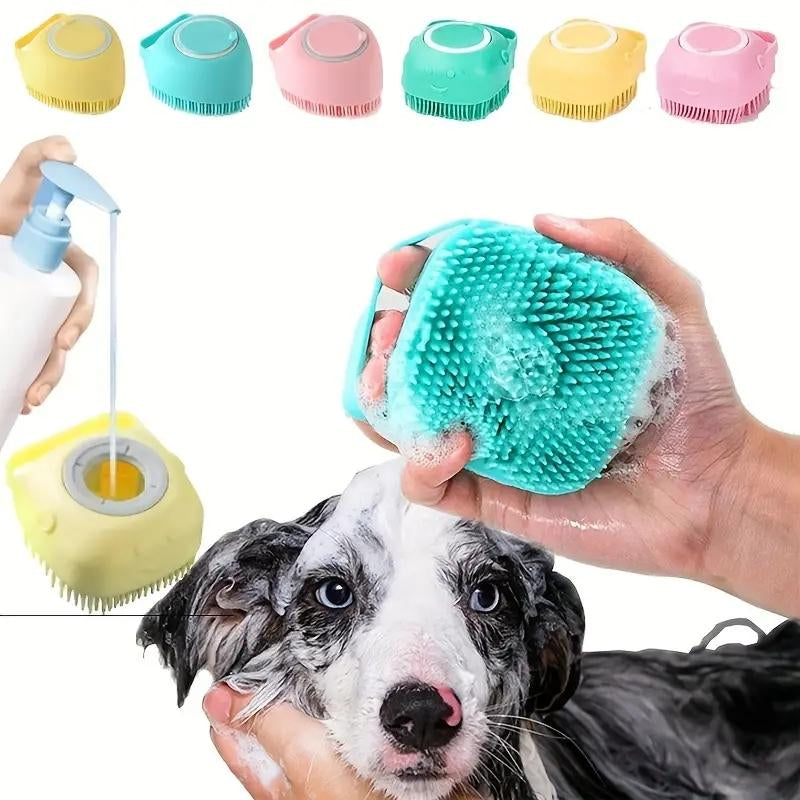 Dog being bathed with a silicone scrubber, surrounded by various colored silicone scrubbers on a white background.