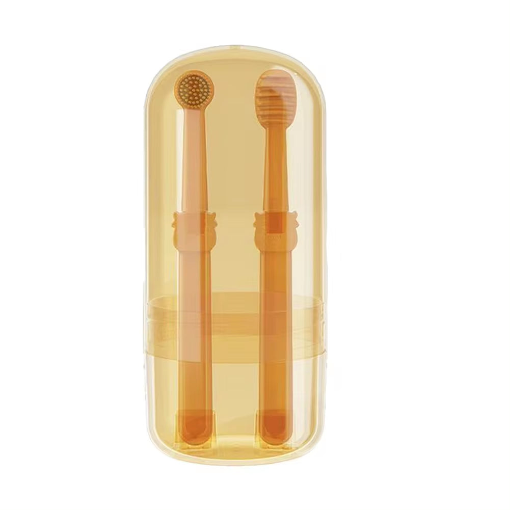 Two orange silicone pet toothbrushes in clear storage case - soft bristles for dogs and cats dental care.