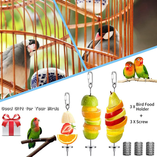Bird food holders with fruits and screws, set against a blurred background of birds in a cage.